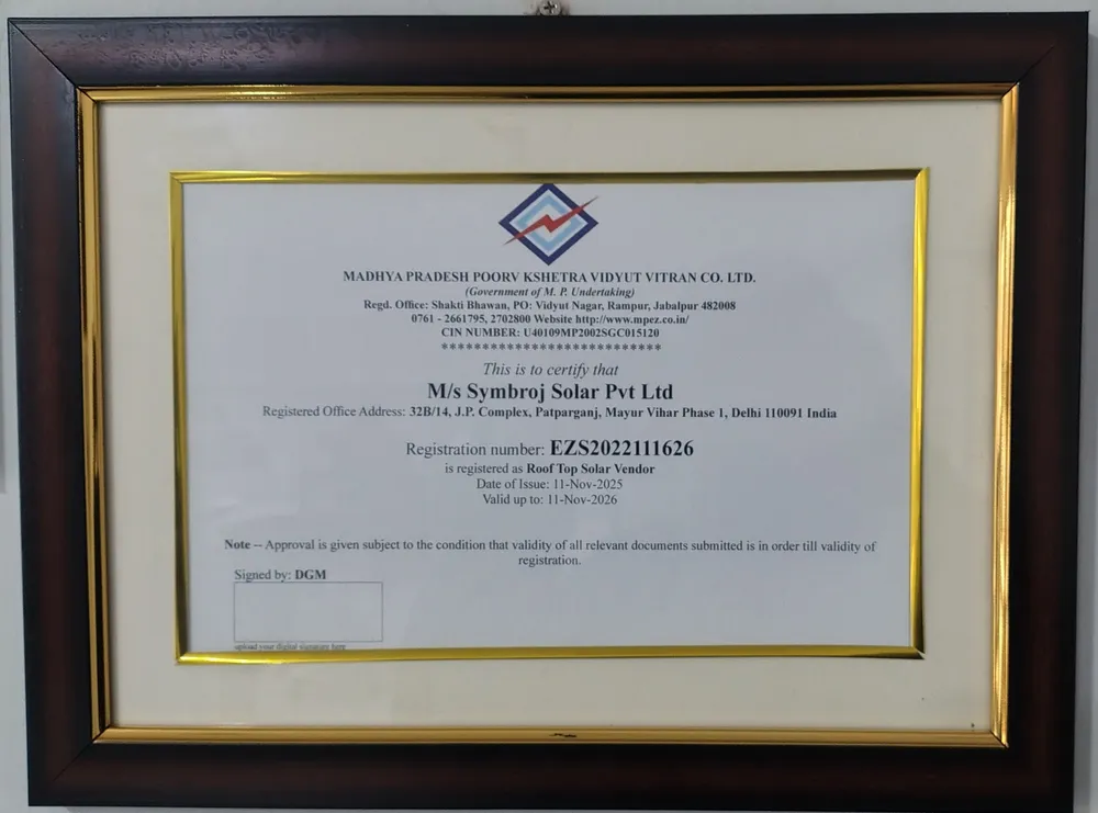 MPPoKVVCL registered rooftop solar vendor certificate for Symbroj Solar